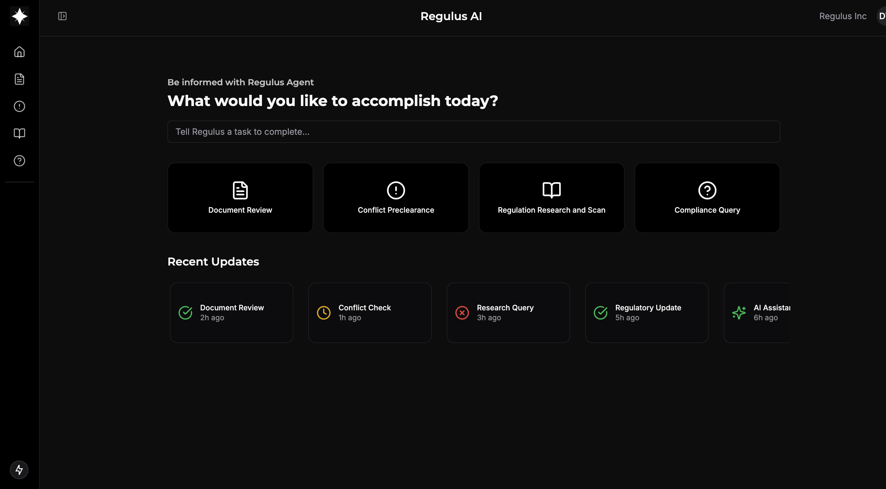 Regulus platform dashboard showing compliance management interface